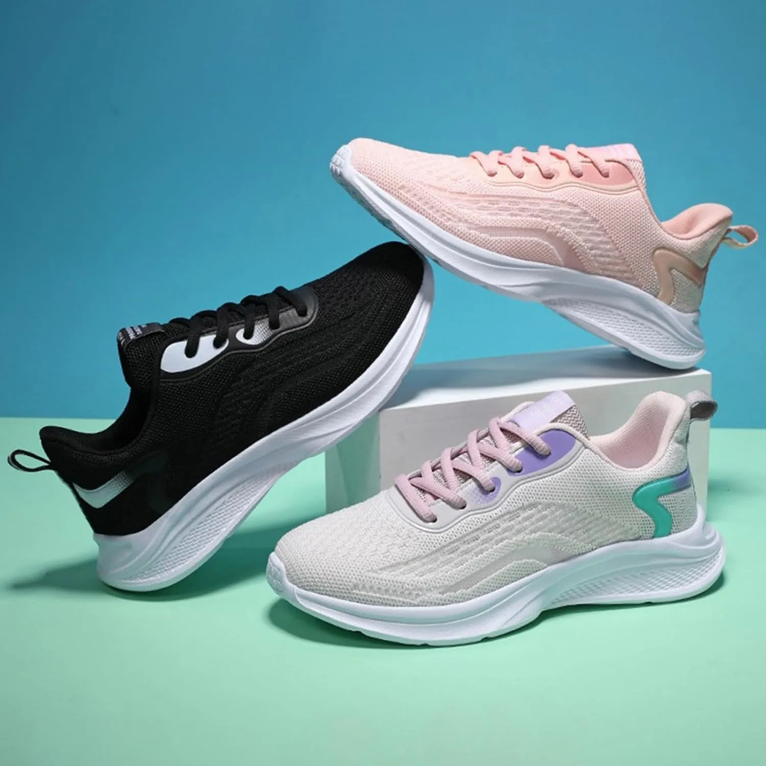Women's Shoes Sneakers Lace Up Thick Sole Athletic Shoes Breathable Mesh Sneakers Causal Running Walking Tennis Shoes