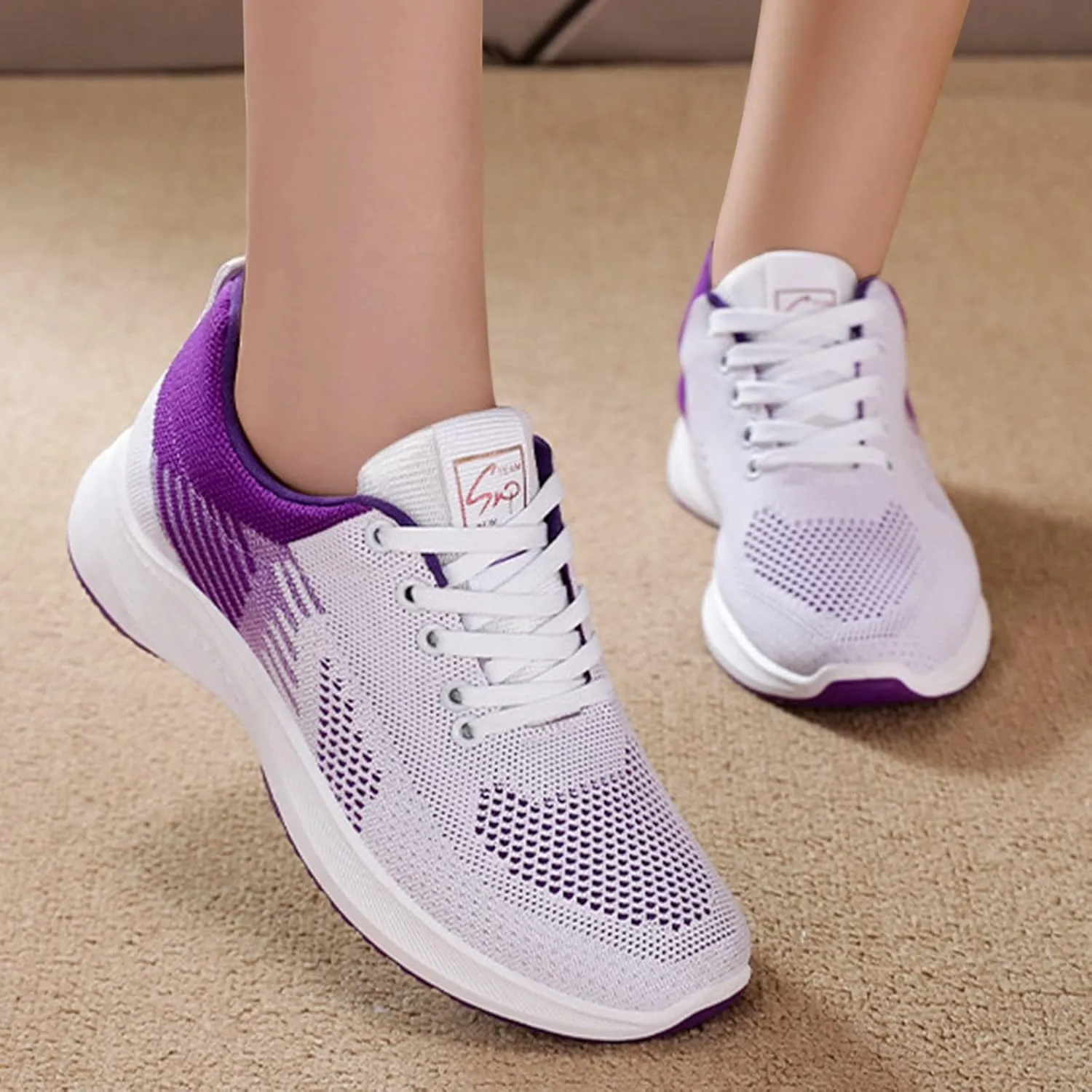 Workout Shoes for Women Lace Up Thick Sole Solid Color Walking Sneakers Lightweight Breathable Casual Running Sneakers