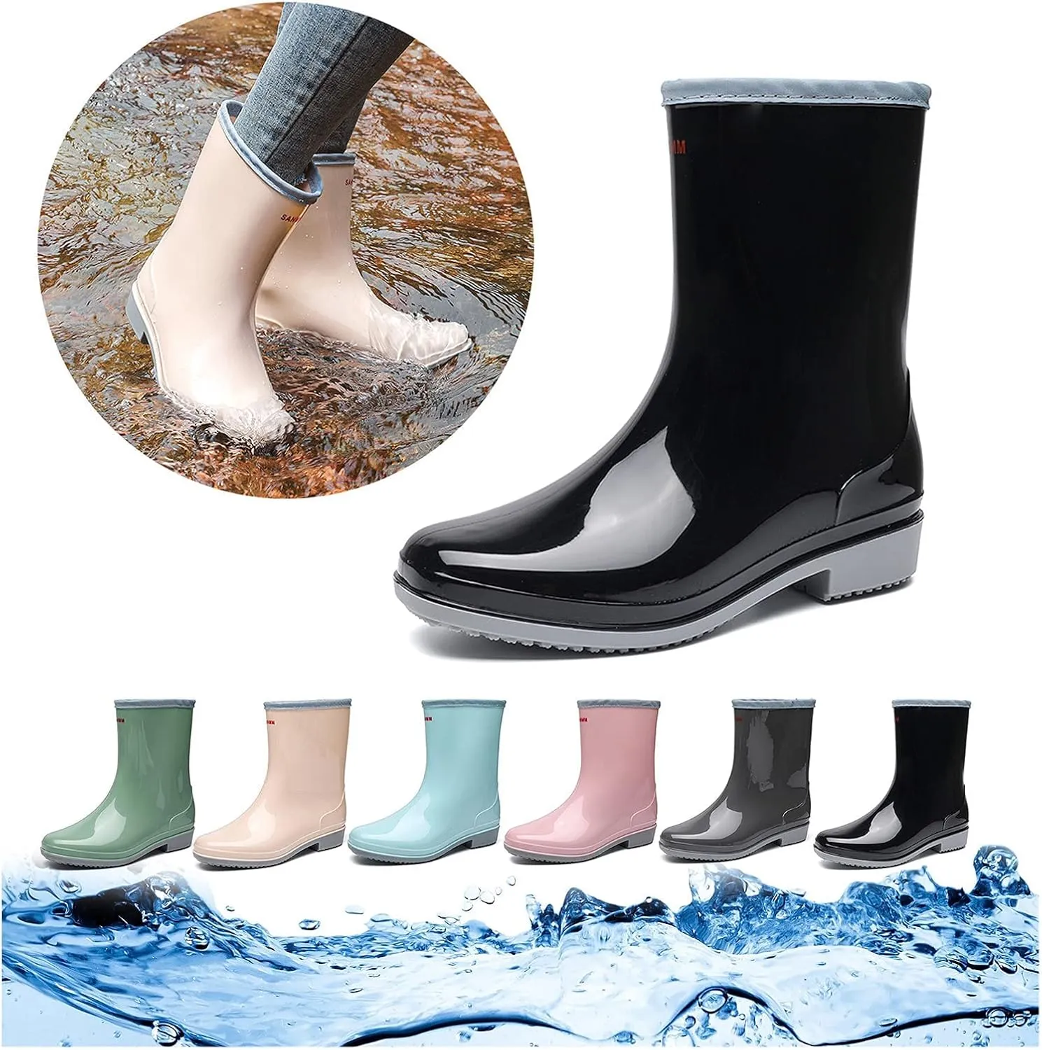 ZHOUYF Women Waterproof Rubber Rain Shoes PVC Non-Slip Garden Shoes Work Ankle Boots Mid Calf Rain Boots Outdoor Car Wash Footwear