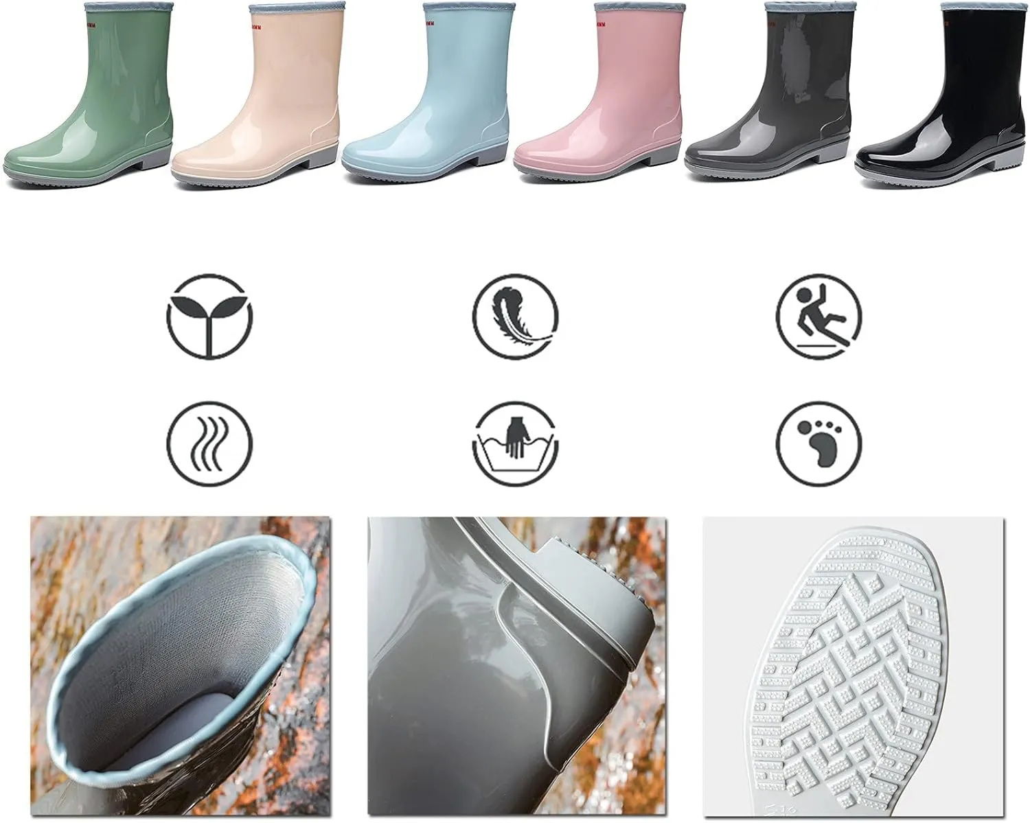 ZHOUYF Women Waterproof Rubber Rain Shoes PVC Non-Slip Garden Shoes Work Ankle Boots Mid Calf Rain Boots Outdoor Car Wash Footwear